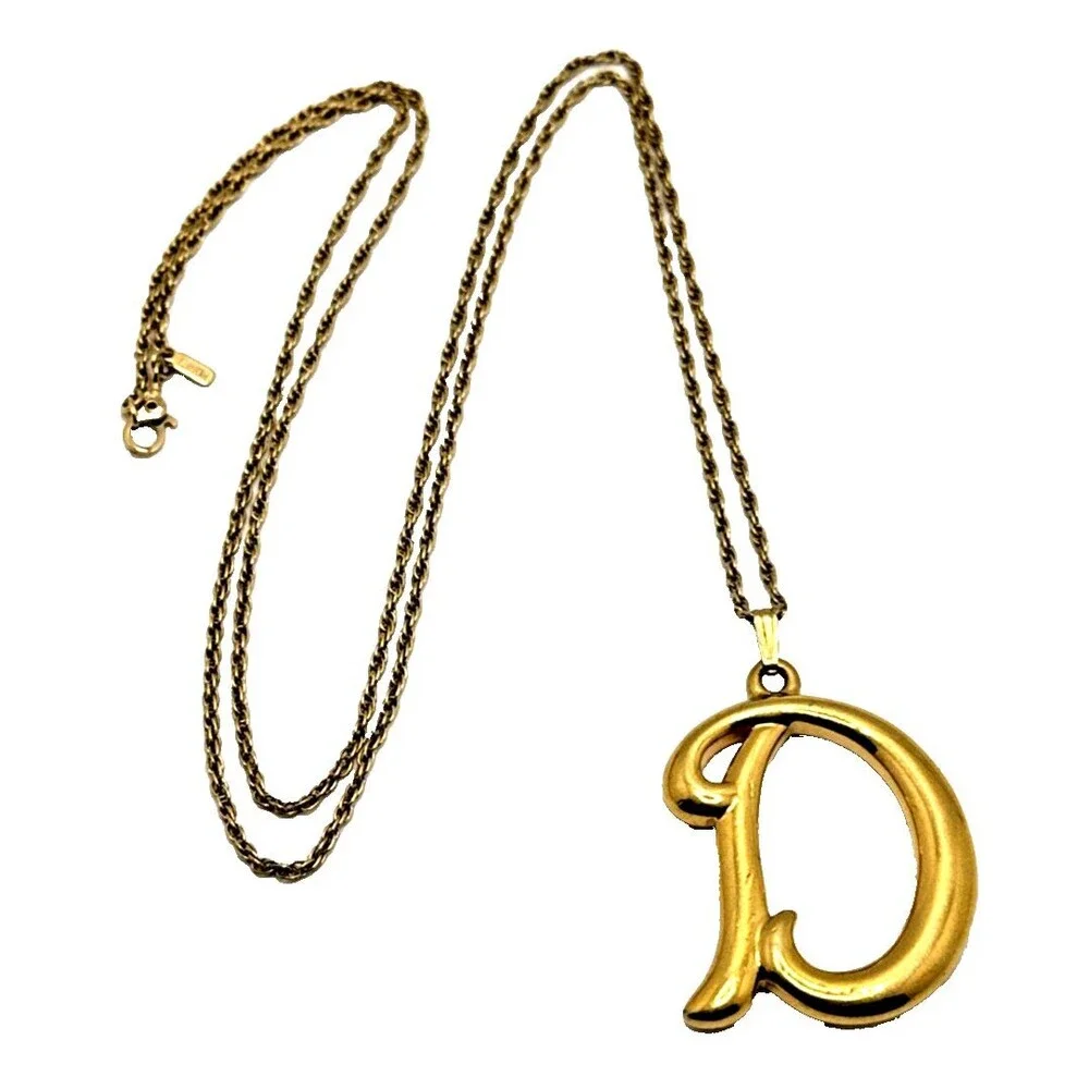 Vintage AVON Monogram D Pendant Necklace Monet Gold Tone Chain Long 30